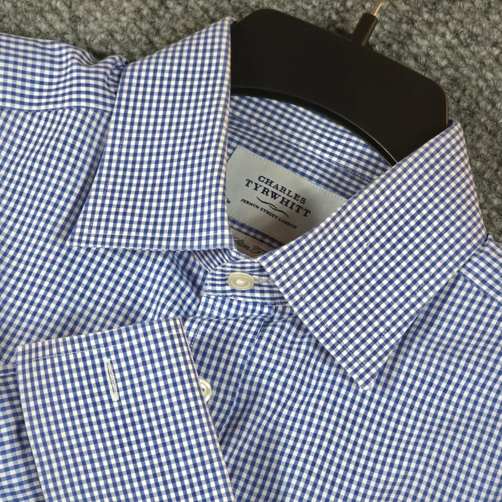 Charles Tyrwhitt Dress Shirt 16/36 Blue Gingham Slim Fit‎ French Cuff Cotton